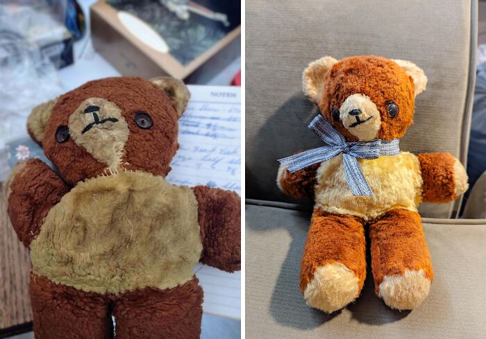 Before and after cleaning photos showing a restored teddy bear with vibrant colors and a neat bow tie.