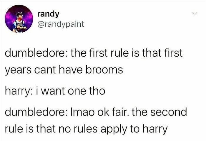 Harry Potter meme about Dumbledore’s rules for first years and Harry, shared by user randypaint.