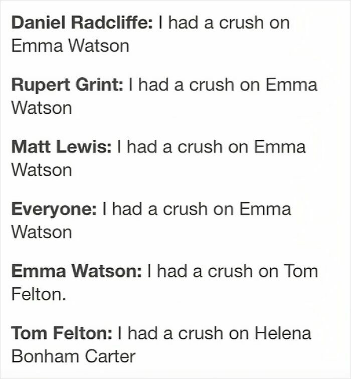 Harry Potter memes showing characters and actors admitting crushes on Emma Watson and others in a humorous text format.