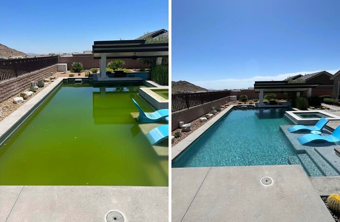 Before and after cleaning photo of a backyard pool transformation with clear blue water and surrounding patio area.