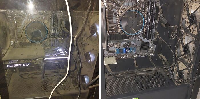 Before and after cleaning photos showing a dusty computer interior transformed into a spotless, well-maintained setup.