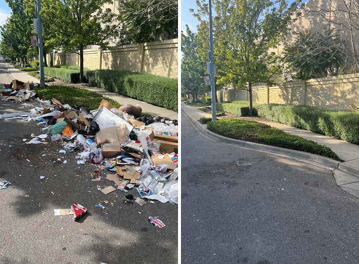 Before and after cleaning photos showing a street transformation from trash-filled to spotless and neatly maintained area.
