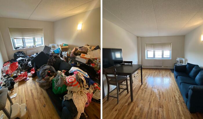 Before and after cleaning photos showing a cluttered room transformed into a neat, organized living space with hardwood floors.
