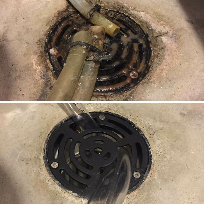 Before and after cleaning drain cover showing removal of rust and grime for a satisfying transformation.