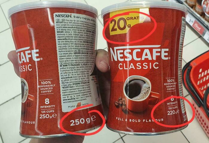 Two Nescafe Classic coffee containers showing different weights and serving sizes, highlighting examples of sneakflation.