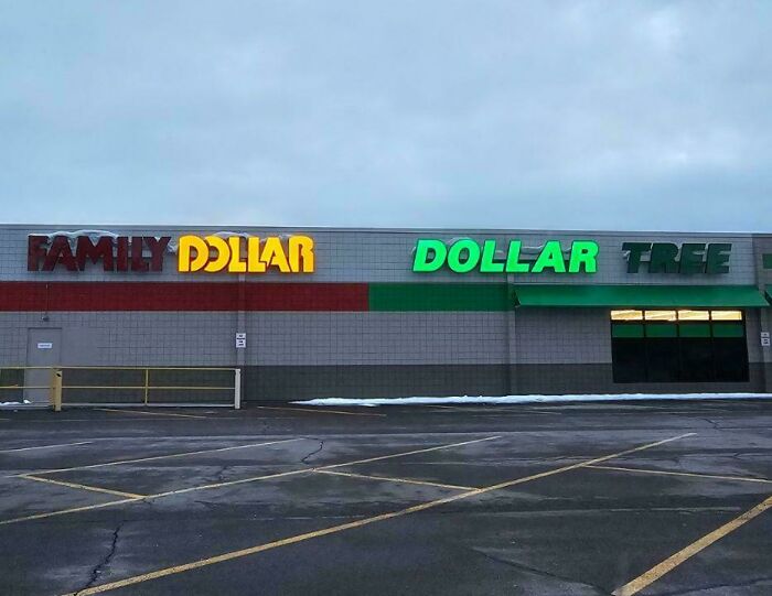 LED signs displaying Family Dollar and Dollar Tree store names illuminated against a gray sky at dusk.