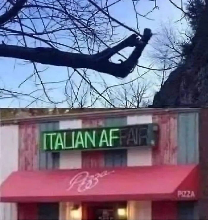 LED sign on a building displaying the phrase Italian AF with trees and a blue sky in the background.