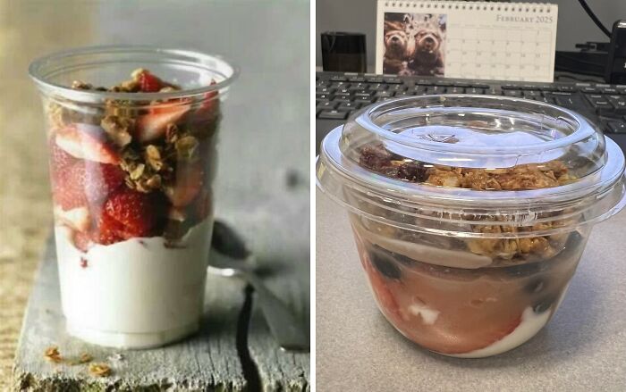 Two yogurt and granola parfaits with fruit illustrating sneakflation through smaller portions in clear plastic containers.
