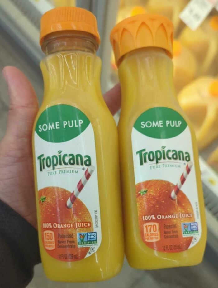 Two Tropicana orange juice bottles with different sizes and calorie counts highlight sneakflation in beverage packaging.