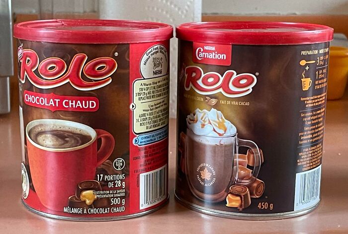 Two containers of Rolo hot chocolate mix displayed side by side as an example of sneakflation in product packaging.