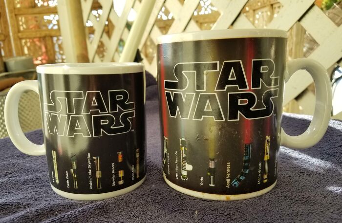 Two Star Wars mugs of different sizes on a table, illustrating examples of sneakflation in collectible items.