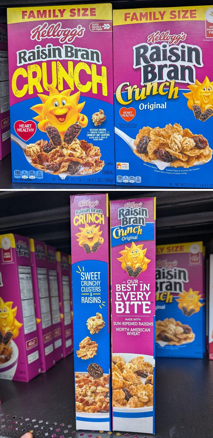 Kellogg's Raisin Bran Crunch cereal boxes on store shelf highlighting sweet crunchy clusters and raisin ingredients.