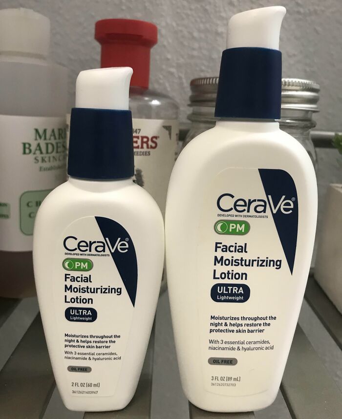 Two sizes of CeraVe Facial Moisturizing Lotion bottles on a shelf illustrating examples of sneakflation in skincare products.
