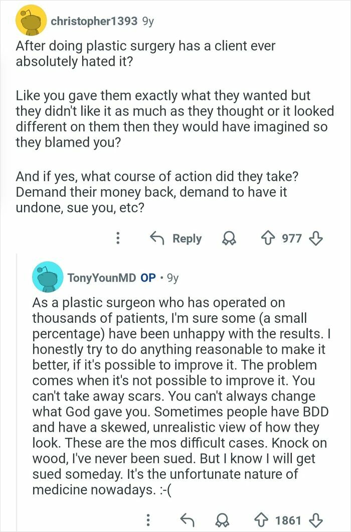 Reddit Q&A with a plastic surgeon sharing honest answers about patient satisfaction and challenges in cosmetic work.