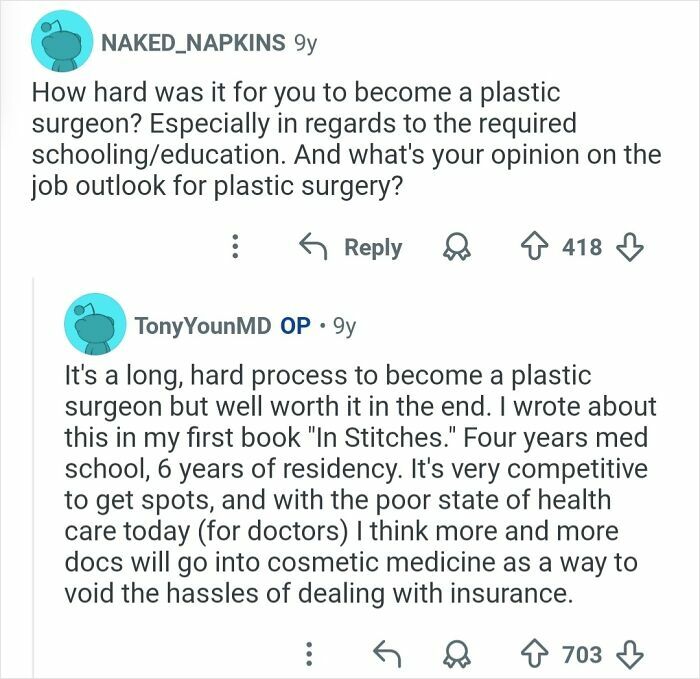 Reddit Q&A discussing the challenges of becoming a plastic surgeon and the future of cosmetic work.