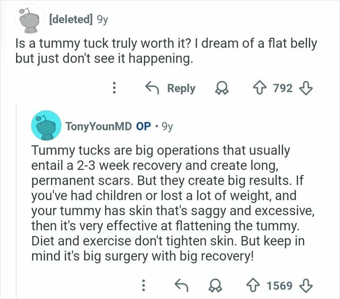 Reddit Q&A with plastic surgeon explaining tummy tuck recovery, scars, and effectiveness in cosmetic work results.