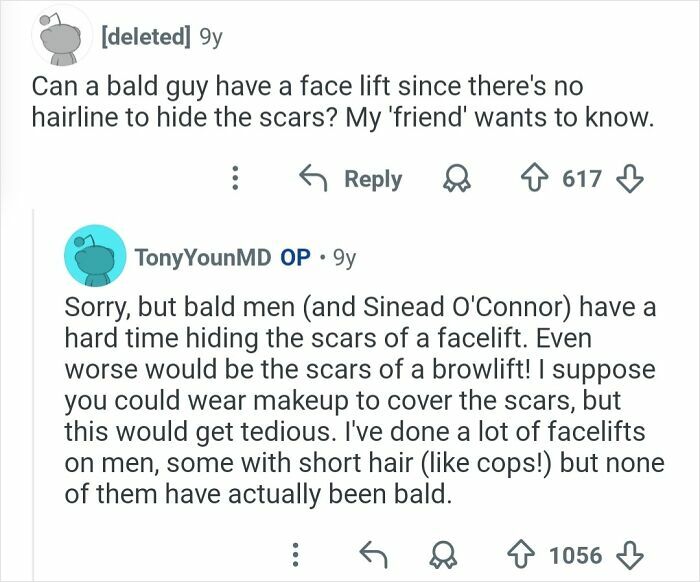 Reddit Q&A about challenges of facelifts for bald men, offering honest answers from plastic surgeons on cosmetic work.