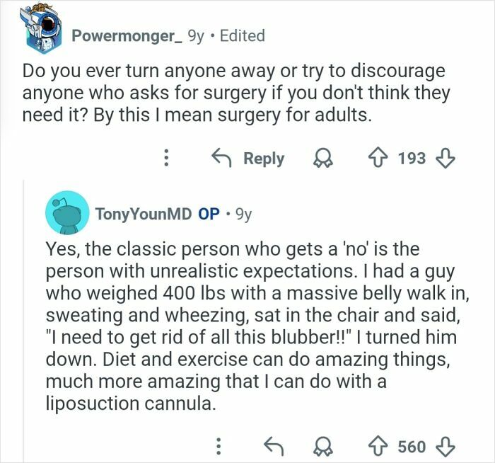 Conversation excerpt from plastic surgeons discussing realistic expectations in cosmetic work and patient screening for surgery.