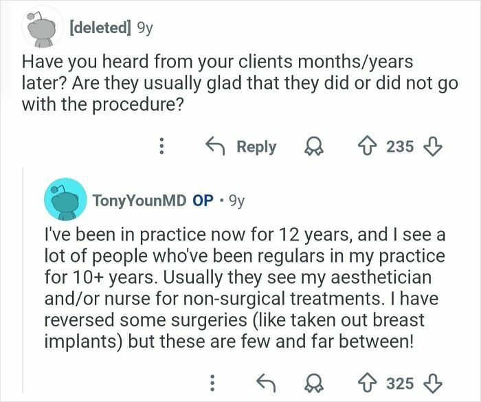Reddit Q&A with plastic surgeon discussing long-term client satisfaction and experiences with cosmetic work and surgeries.
