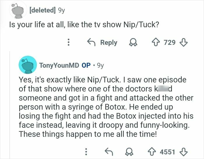 Screenshot of a Reddit Q&A where a plastic surgeon shares a humorous Botox incident reflecting cosmetic work realities.