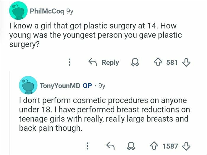 Reddit thread with plastic surgeons answering questions about cosmetic work and age restrictions on procedures.
