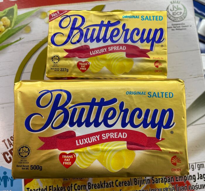 Two packs of Buttercup luxury spread in original salted flavor illustrating examples of sneakflation in everyday products.