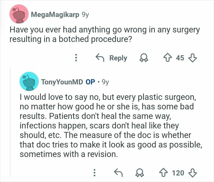 Reddit thread discussing honest answers from plastic surgeons about complications and outcomes in cosmetic work.