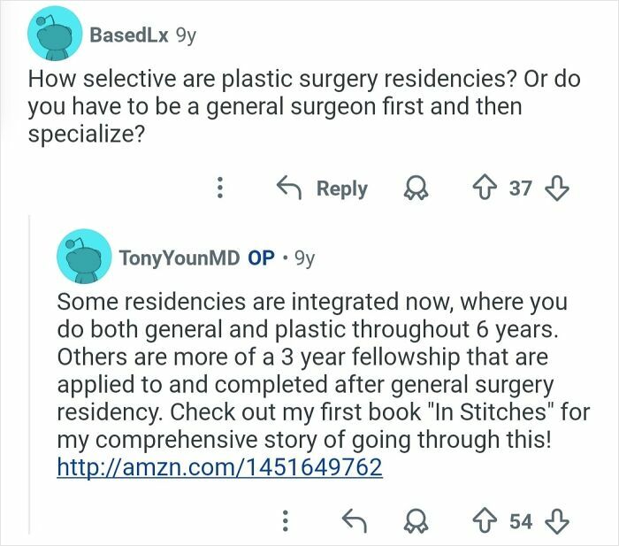Reddit Q&A discussing the selectiveness of plastic surgery residencies in cosmetic work education.