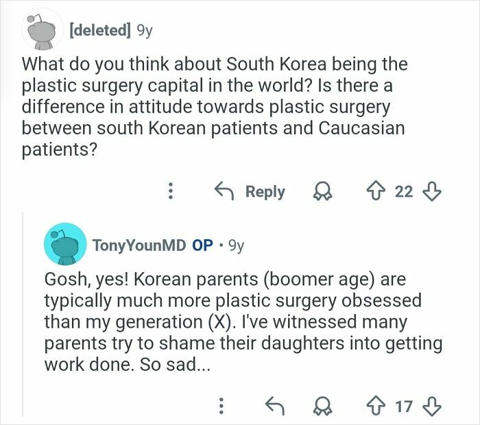 Reddit user asks about plastic surgery attitudes in South Korea, with a plastic surgeon explaining generational differences.