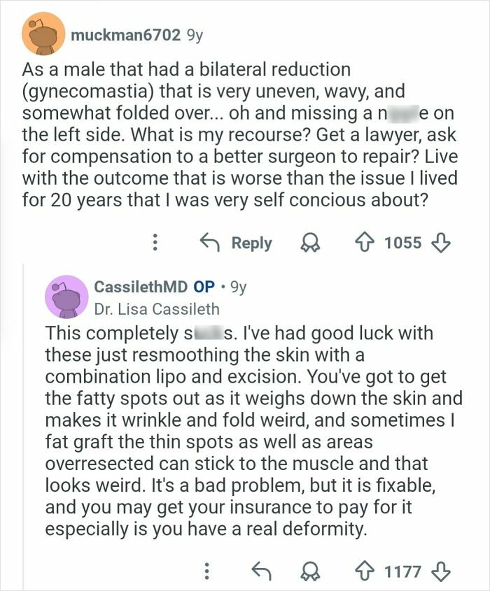 User asking about uneven gynecomastia surgery results, and plastic surgeon explaining cosmetic work options for fixing skin and fat issues.