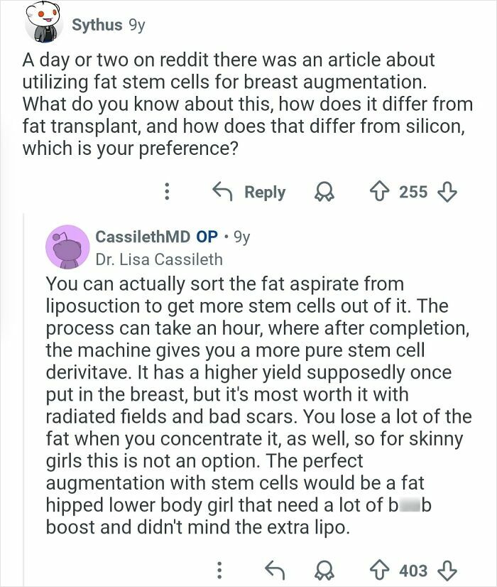 Reddit Q&A on breast augmentation discussing fat stem cells, fat transplant, and silicone preferences by a plastic surgeon.