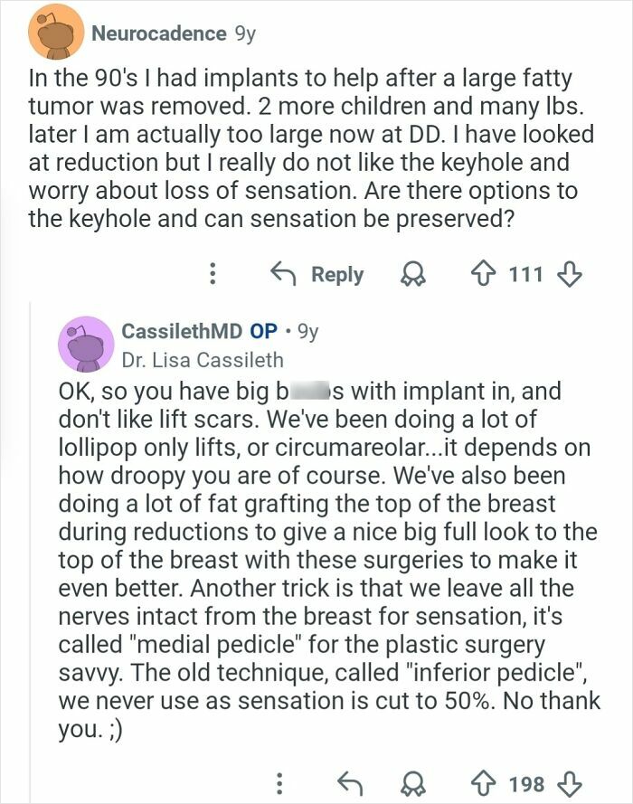 Reddit exchange where a plastic surgeon explains breast lift options and preserving sensation during cosmetic work.