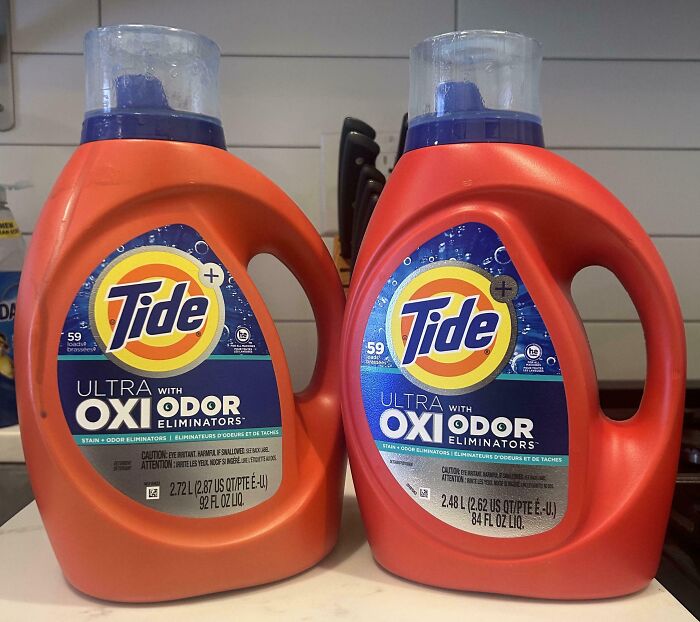 Two bottles of Tide laundry detergent showing different sizes, illustrating examples of sneakflation in product packaging.