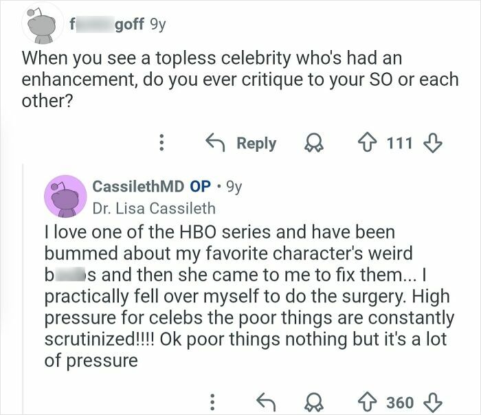 Reddit conversation featuring plastic surgeon Dr. Lisa Cassileth discussing celebrity cosmetic work and surgery pressures.