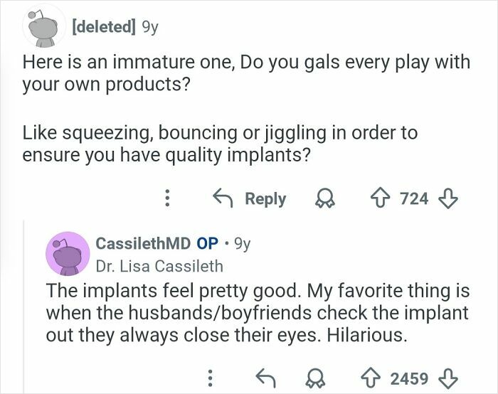 Reddit conversation about plastic surgeons discussing quality implants and cosmetic work experiences.