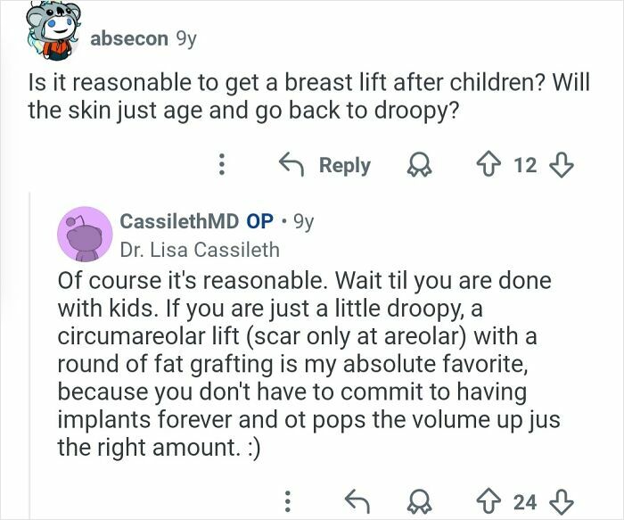Reddit exchange showing plastic surgeon answering a question about breast lift and cosmetic work after children.