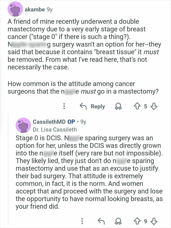 Reddit conversation discussing plastic surgeons' attitudes toward breast sparing surgery and cosmetic work realities.