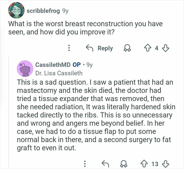 Reddit thread with plastic surgeon sharing honest answers about breast reconstruction and cosmetic work complications.