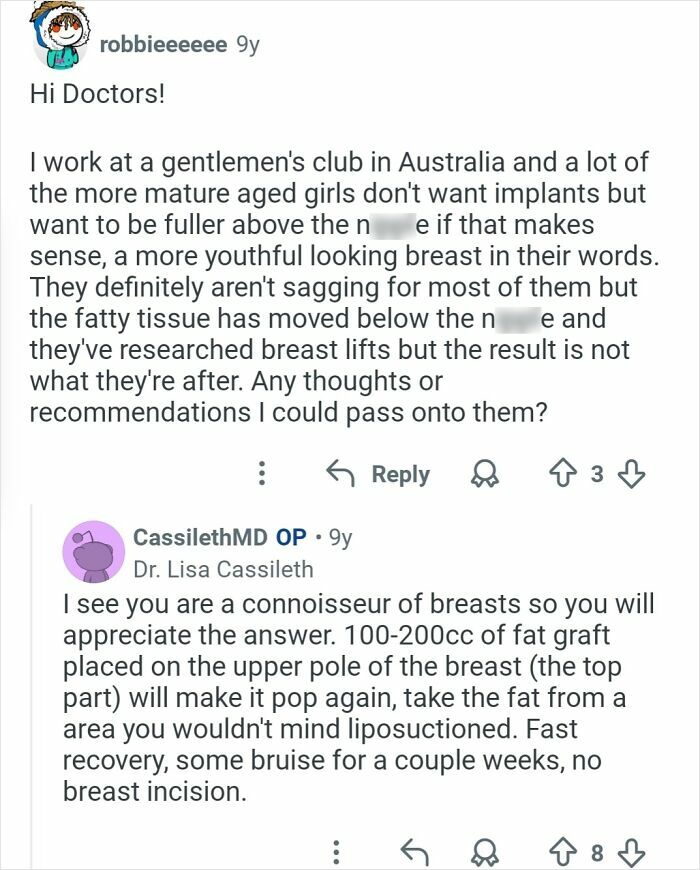 Screenshot of an online discussion about breast lifts and fat grafting in cosmetic plastic surgery from a plastic surgeon's perspective.