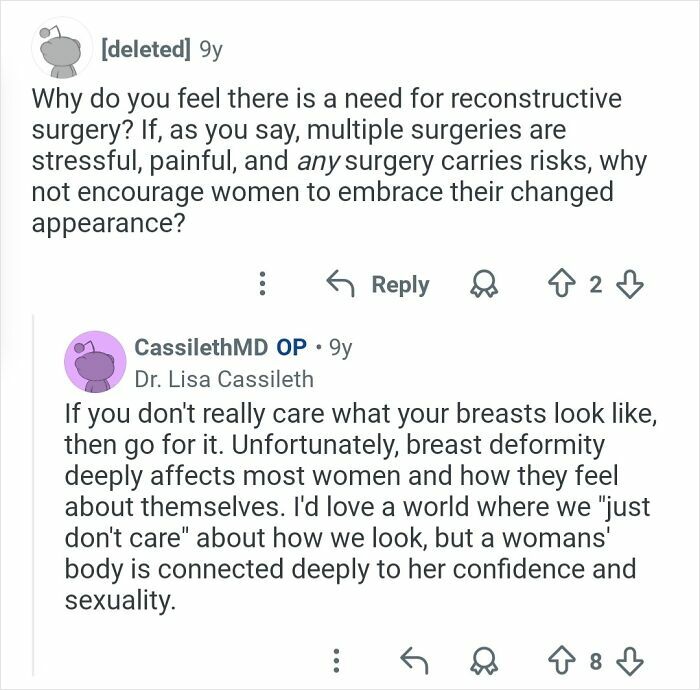 Reddit discussion on reconstructive surgery and breast deformity impacts from plastic surgeons sharing honest answers about cosmetic work.