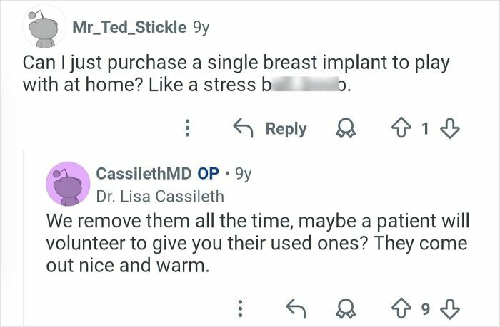 Reddit exchange discussing breast implants in the context of honest answers from plastic surgeons about cosmetic work.