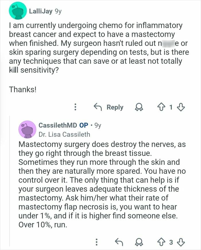 Reddit exchange discussing nerve damage and techniques in mastectomy from a plastic surgeon's perspective on cosmetic work.