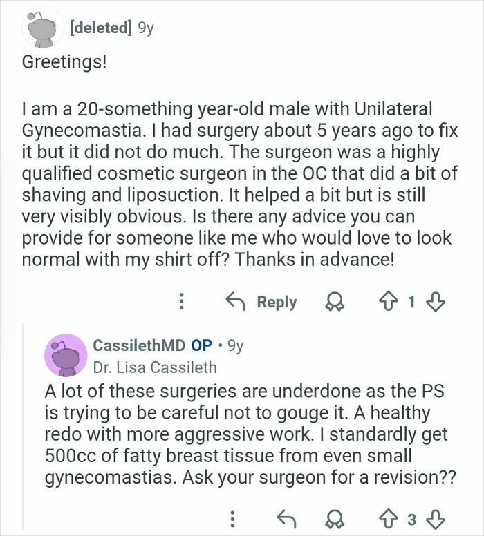 Reddit conversation showing a patient asking about cosmetic surgery results and a plastic surgeon's advice on gynecomastia revision.