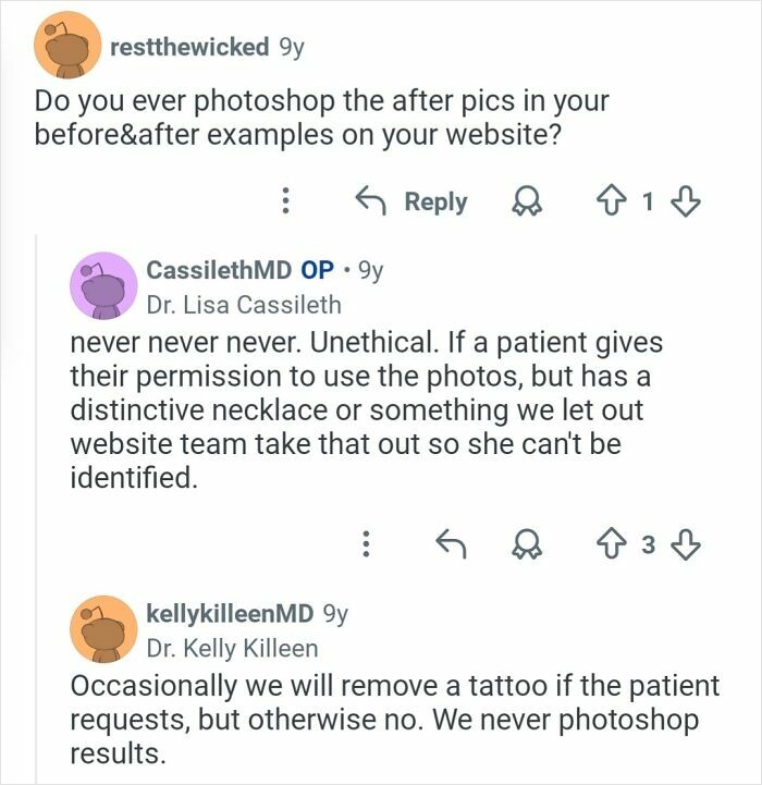 Conversation about ethical practices in cosmetic work, plastic surgeons explaining no photoshopping of patient before and after pics.
