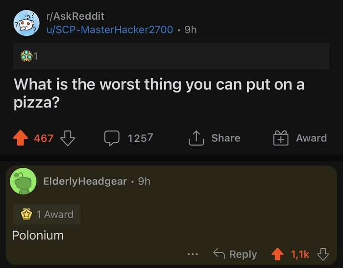 Screenshot of a Reddit thread showing an unhinged response to a question about the worst pizza topping, illustrating people doing exactly what they were asked.
