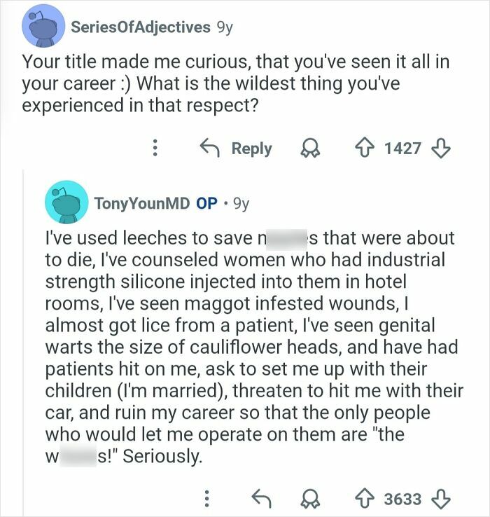 Reddit conversation showing plastic surgeon sharing wild experiences in cosmetic work, illustrating honest answers from surgeons.