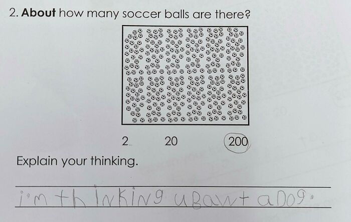 Child's homework showing a question about counting soccer balls with an unhinged handwritten answer.