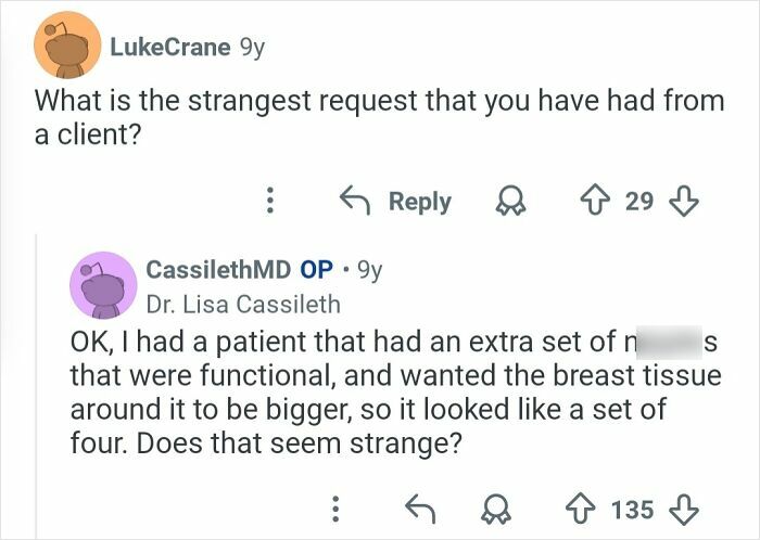 Reddit conversation where a plastic surgeon shares a strange client request involving extra functional breast tissue.