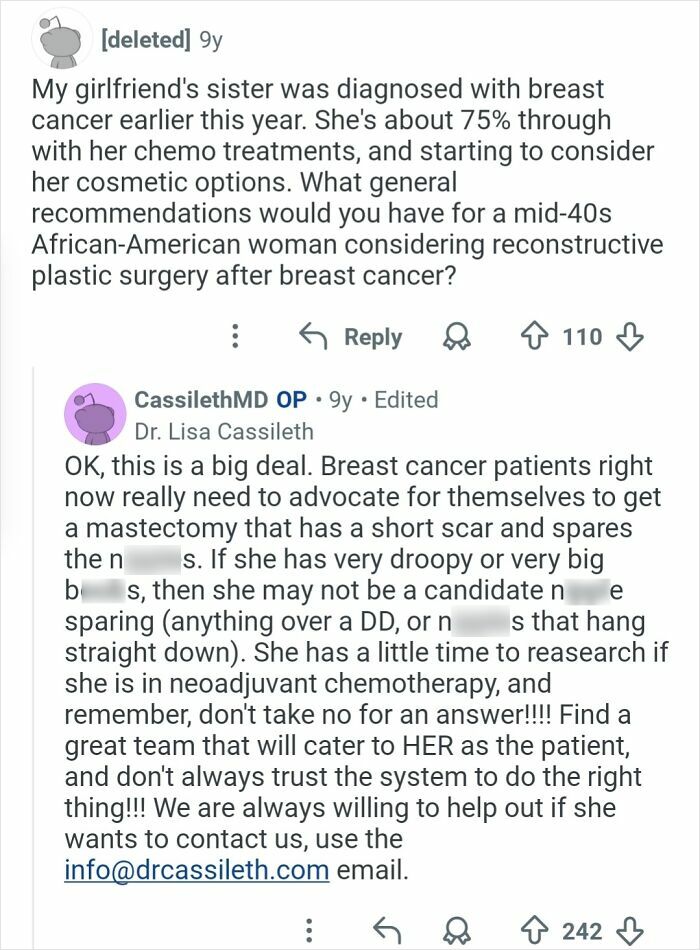 Reddit thread discussing reconstructive plastic surgery options after breast cancer and advice from a plastic surgeon.