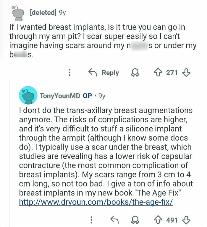 Reddit Q&A with a plastic surgeon discussing risks and scar placement for breast implants and cosmetic work.